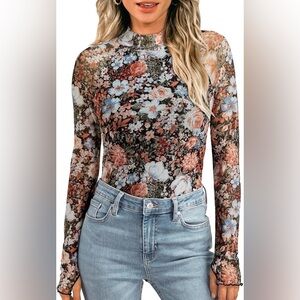Black Sheer Lace Floral Mock Neck Mesh, Long Sleeve Floral Top